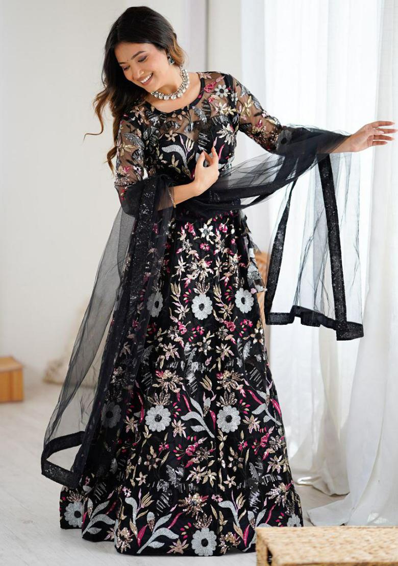 Black Embroidered Blended Lehenga Set With Dupatta - Indya