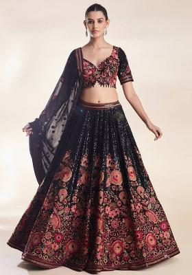 Black Embroidered Blended Lehenga Set With Dupatta