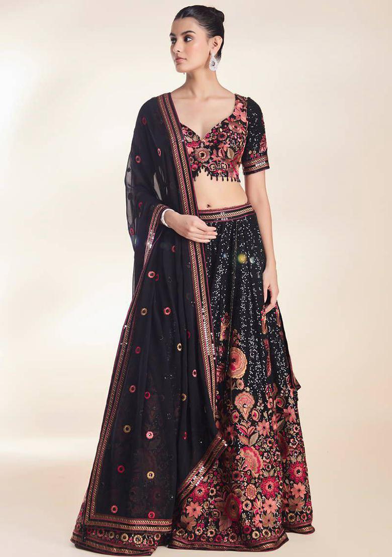 Black Embroidered Blended Lehenga Set With Dupatta - Indya