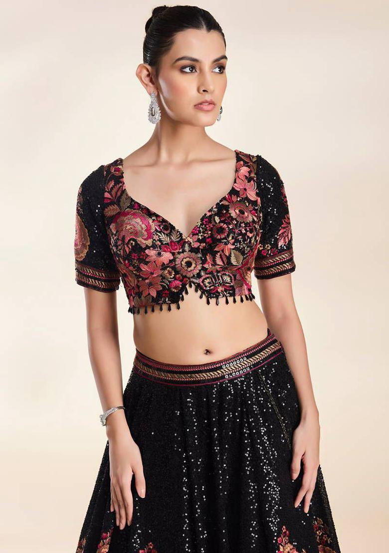 Black Embroidered Blended Lehenga Set With Dupatta - Indya