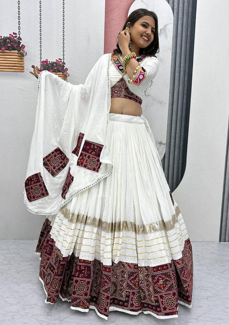 White Embroidered Blended Lehenga Set With Dupatta - Indya