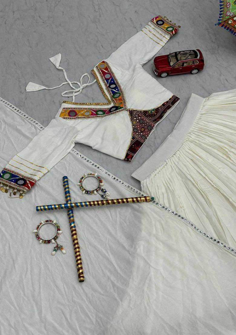 White Embroidered Blended Lehenga Set With Dupatta - Indya
