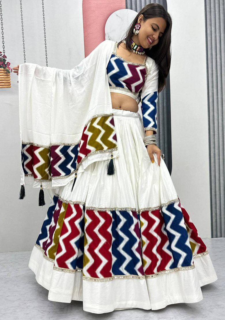 White Embroidered Blended Lehenga Set With Dupatta - Indya