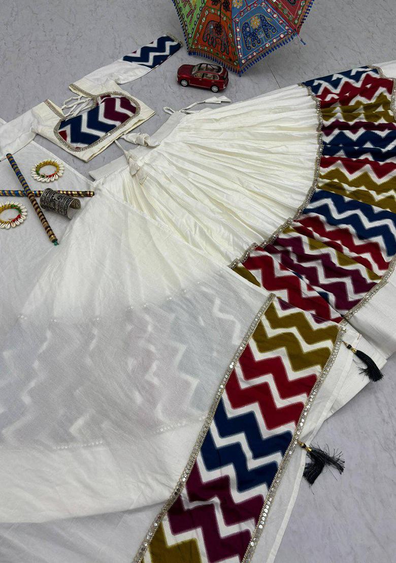 White Embroidered Blended Lehenga Set With Dupatta - Indya