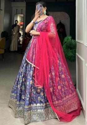 Blue Embroidered Blended Lehenga Set With Dupatta