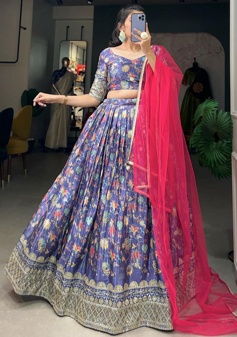 Blue Embroidered Blended Lehenga Set With Dupatta - Indya