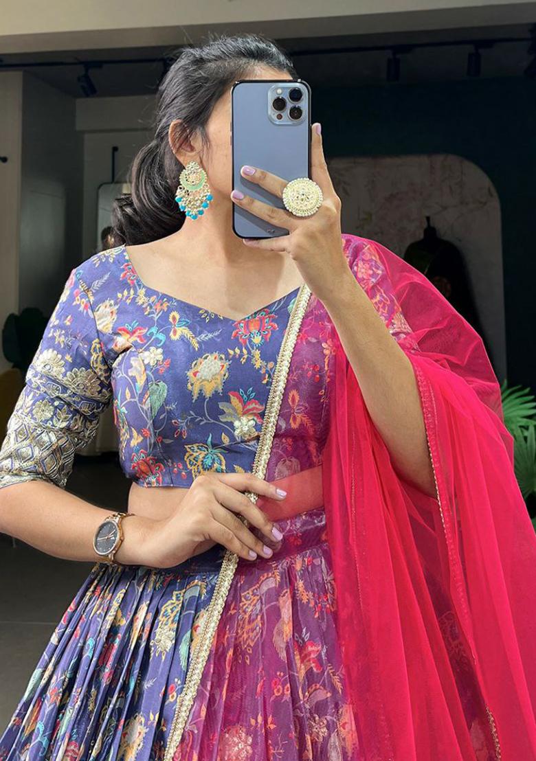 Blue Embroidered Blended Lehenga Set With Dupatta - Indya