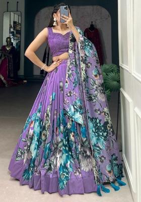 Blue Embroidered Blended Lehenga Set With Dupatta