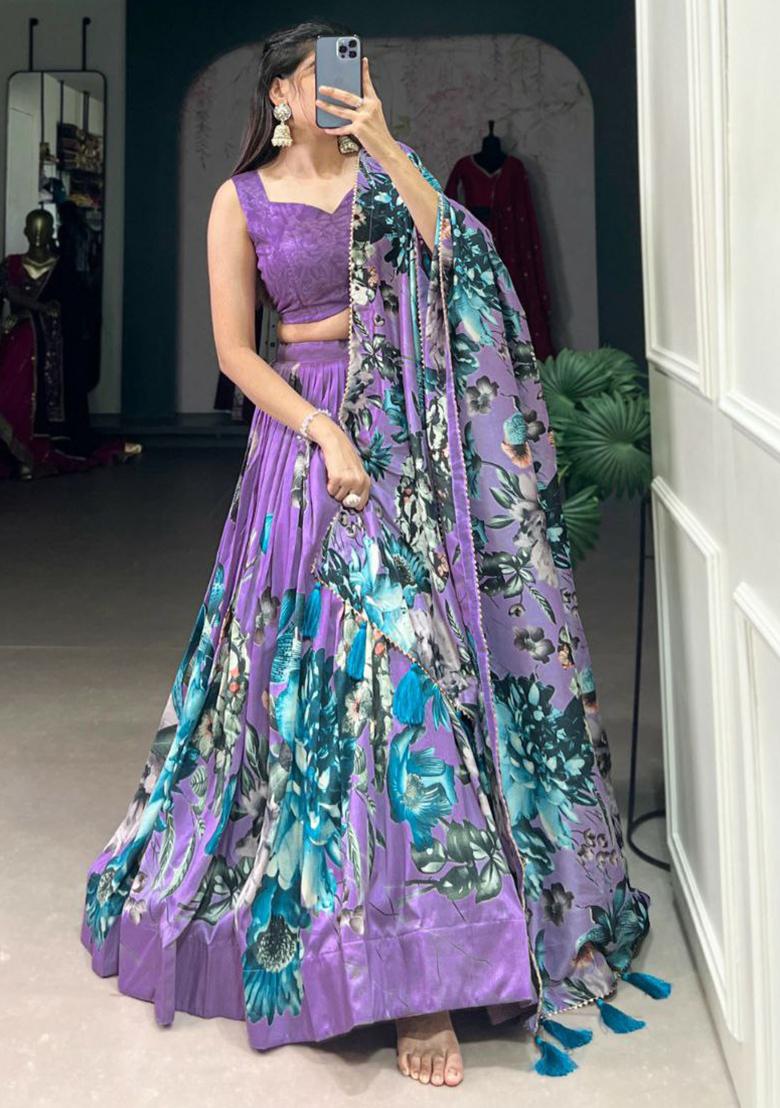 Blue Embroidered Blended Lehenga Set With Dupatta - Indya