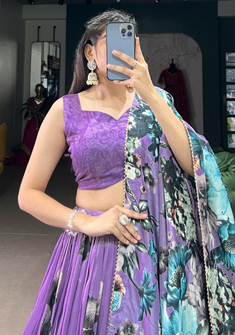 Blue Embroidered Blended Lehenga Set With Dupatta - Indya