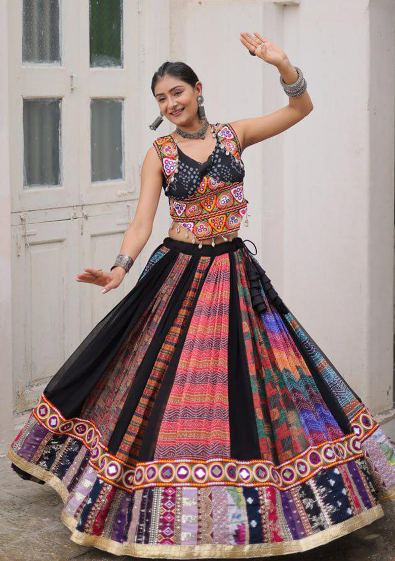 Multi Color Embroidered Blended Lehenga Set With Dupatta - Indya