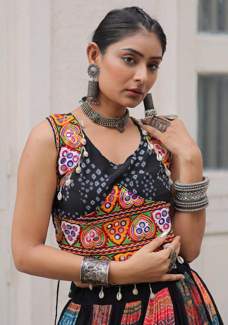 Multi Color Embroidered Blended Lehenga Set With Dupatta - Indya