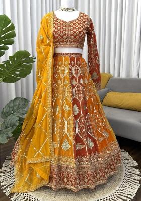 Yellow Embroidered Blended Lehenga Set With Dupatta