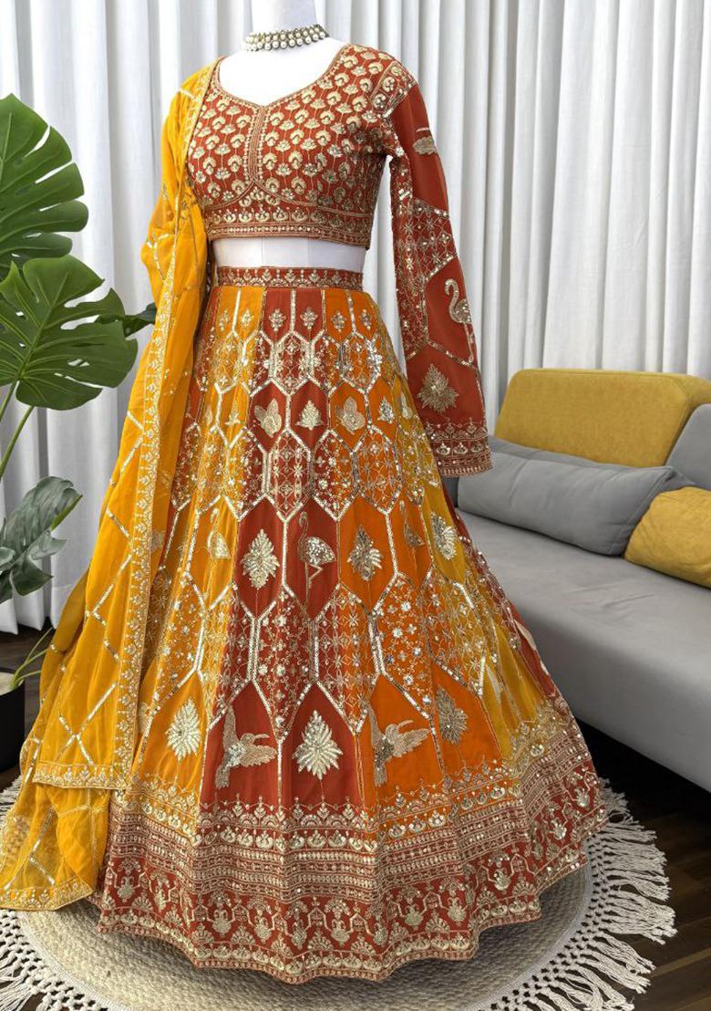 Yellow Embroidered Blended Lehenga Set With Dupatta - Indya