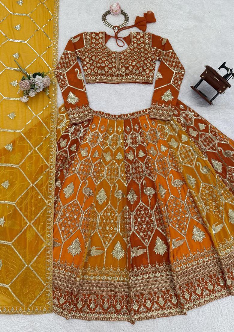 Yellow Embroidered Blended Lehenga Set With Dupatta - Indya