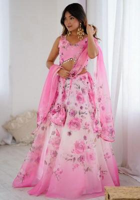 Pink Embroidered Blended Lehenga Set With Dupatta