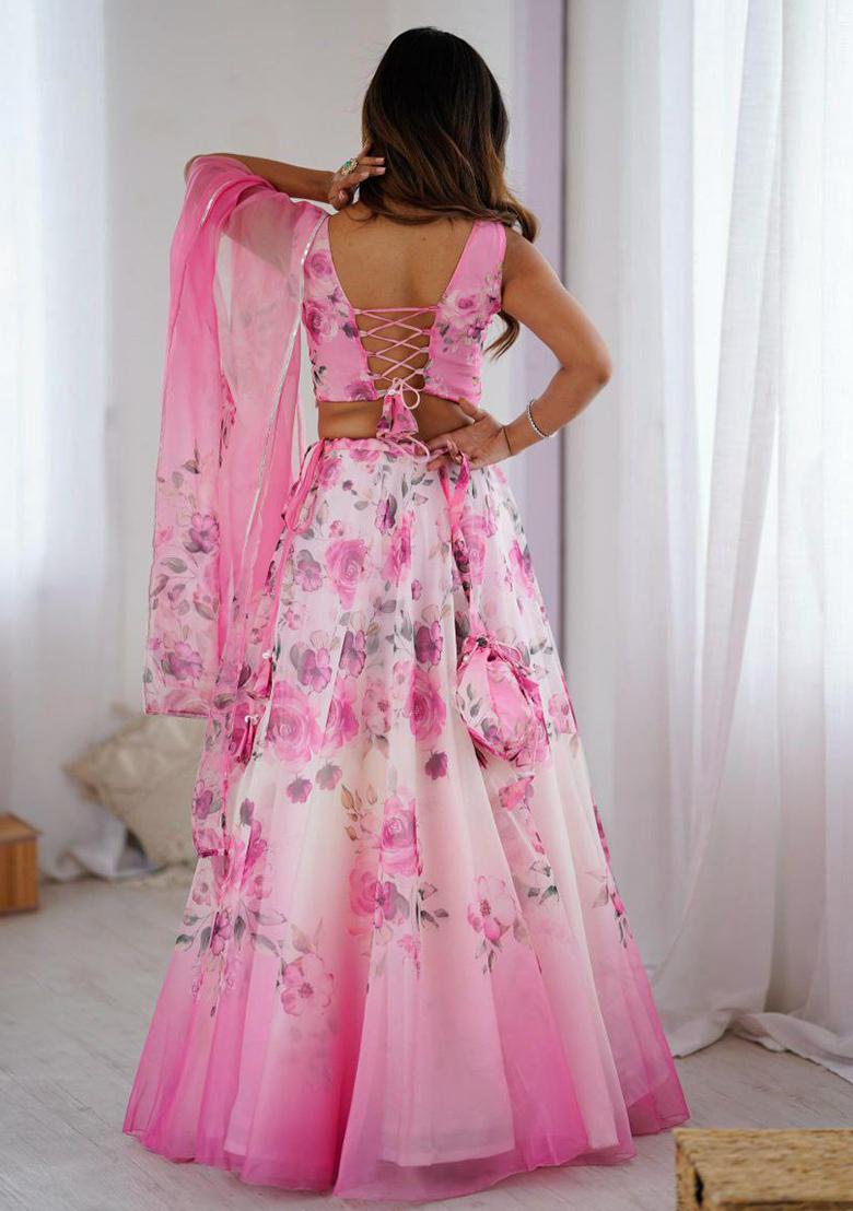 Pink Embroidered Blended Lehenga Set With Dupatta - Indya