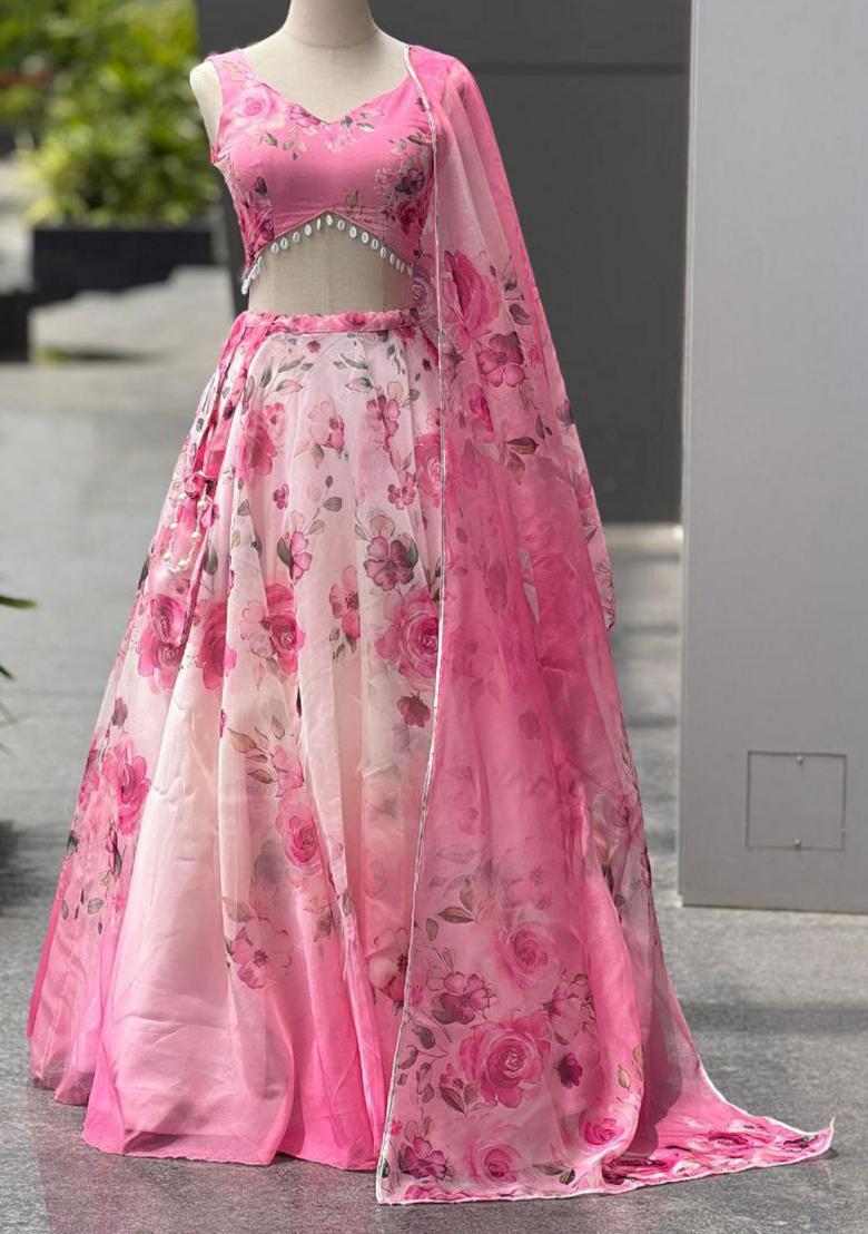 Pink Embroidered Blended Lehenga Set With Dupatta - Indya