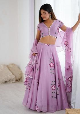 Purple Embroidered Blended Lehenga Set With Dupatta