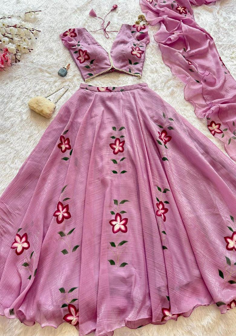 Purple Embroidered Blended Lehenga Set With Dupatta - Indya