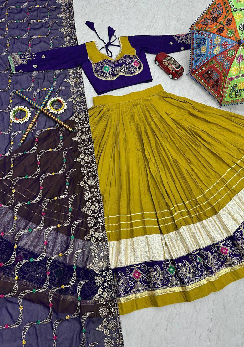 Yellow Embroidered Blended Lehenga Set With Dupatta - Indya
