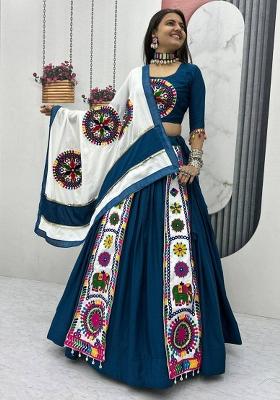 Blue Embroidered Blended Lehenga Set With Dupatta