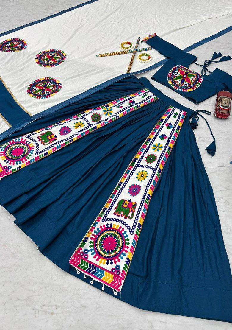 Blue Embroidered Blended Lehenga Set With Dupatta - Indya