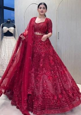 Red Embroidered Blended Lehenga Set With Dupatta