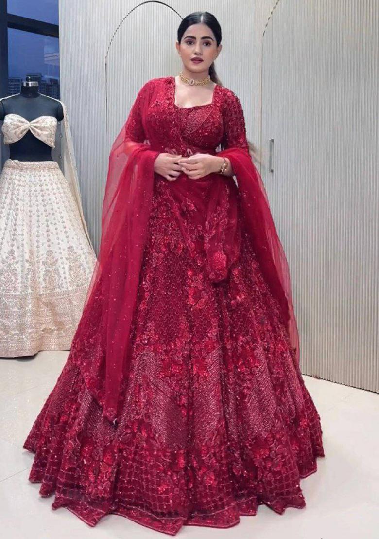 Red Embroidered Blended Lehenga Set With Dupatta - Indya