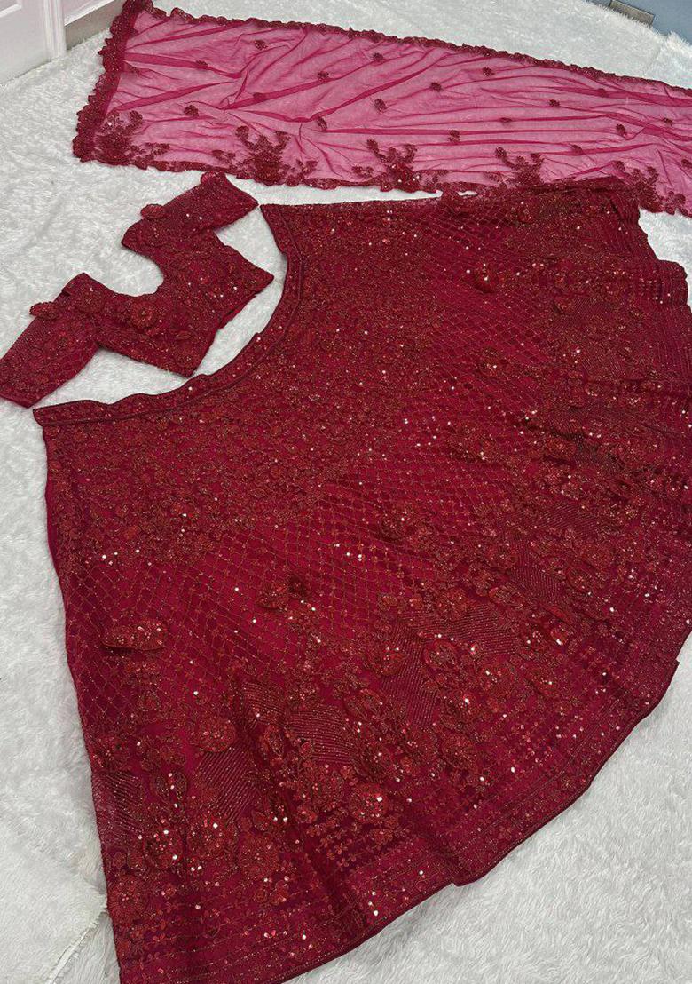 Red Embroidered Blended Lehenga Set With Dupatta - Indya