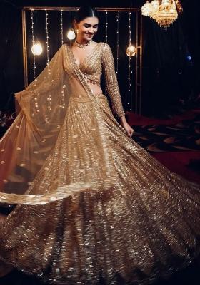 Cream Embroidered Blended Lehenga Set With Dupatta