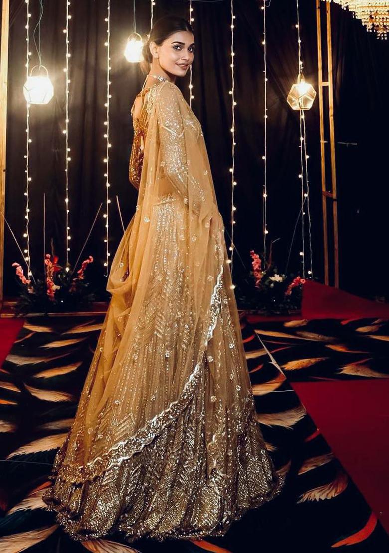 Cream Embroidered Blended Lehenga Set With Dupatta - Indya