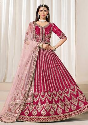 Pink Embroidered Net Lehenga Set