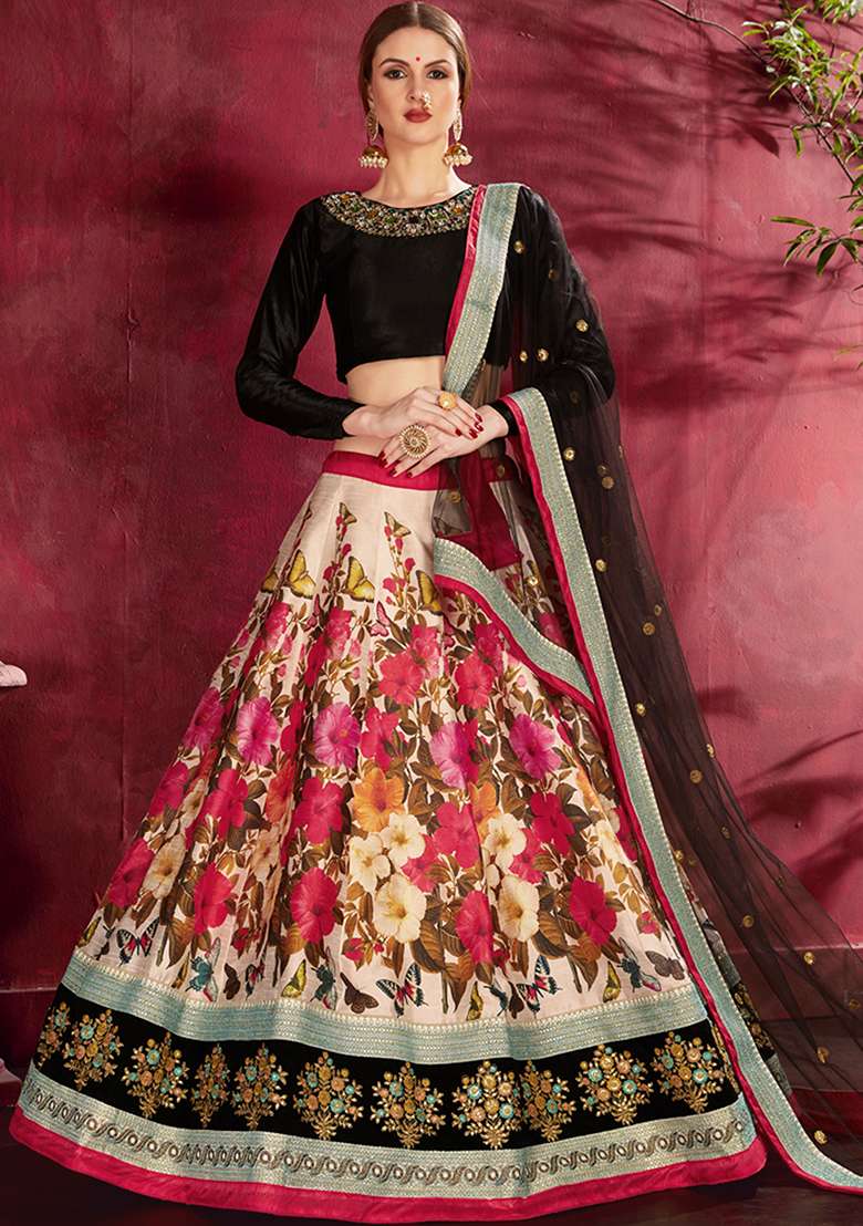 Black Blend Art Silk Lehenga Set with Embroidered for Diwali | Wedding & Festive Wear - Indya