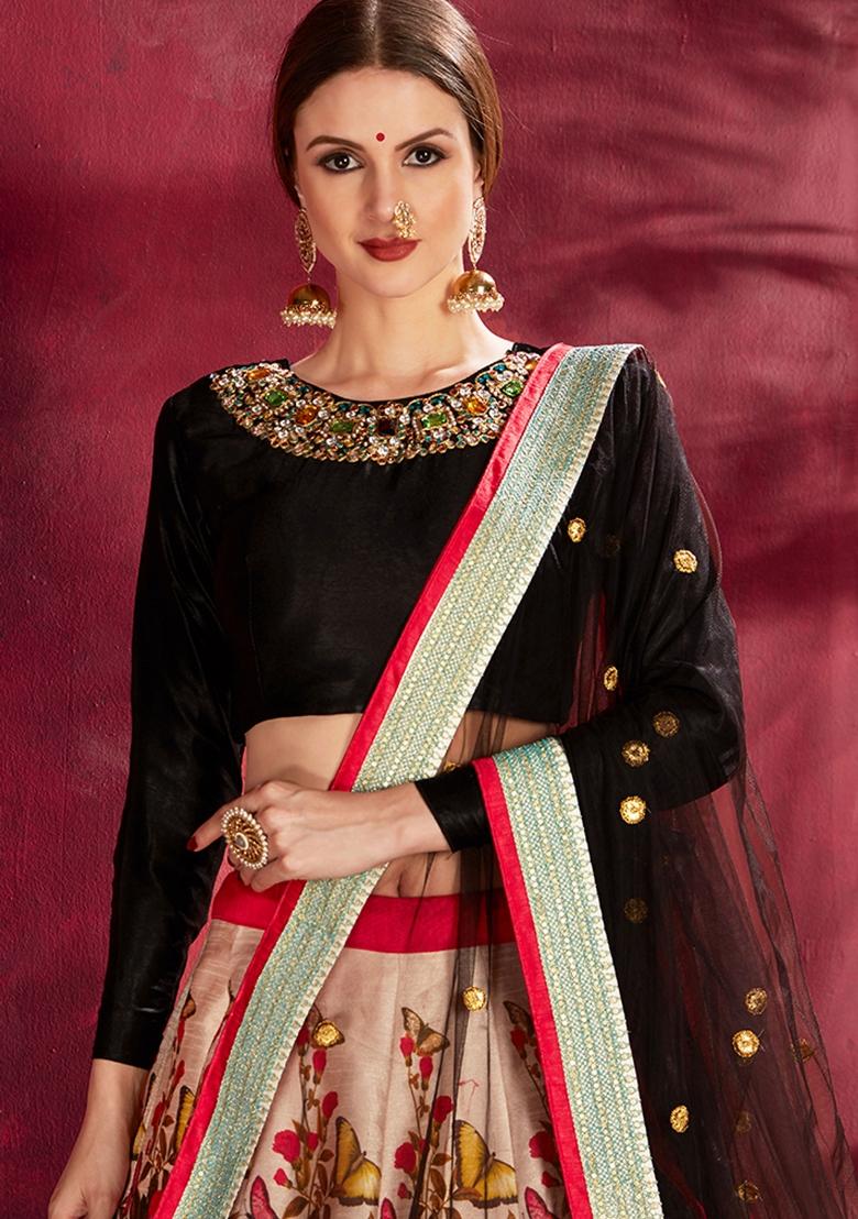 Black Embroidered Art Silk Lehenga Set - Indya