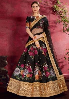 Black Embroidered Art Silk Lehenga Set