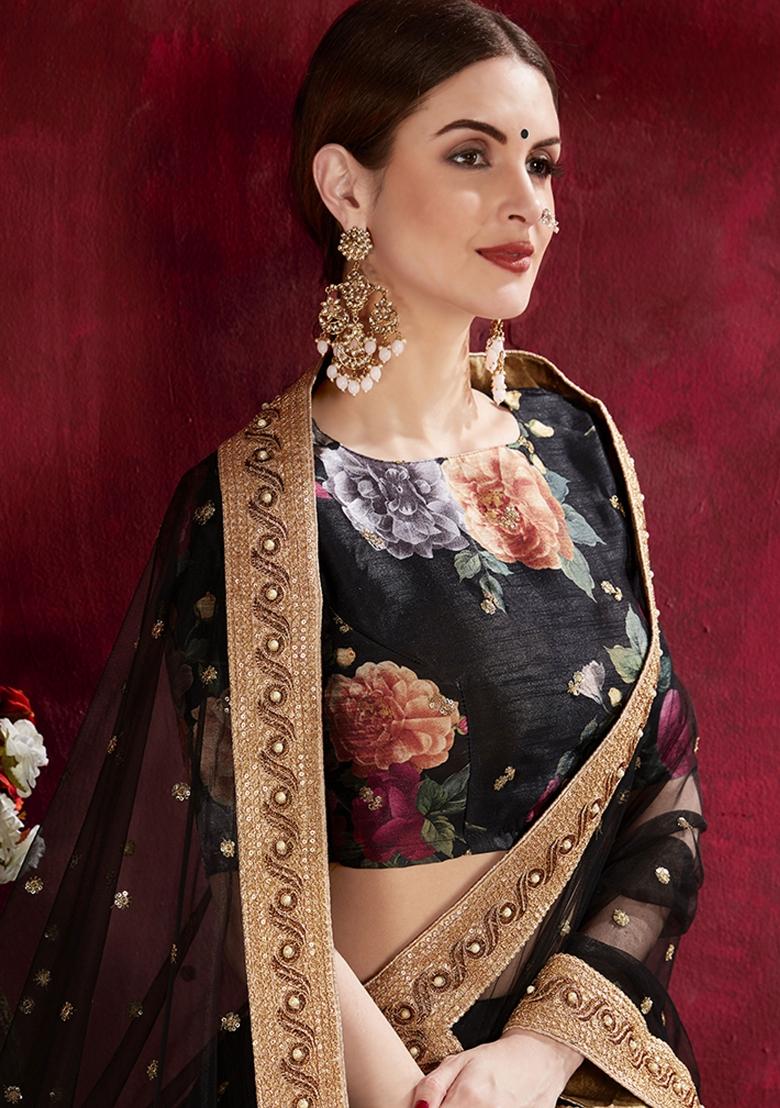 Black Embroidered Art Silk Lehenga Set - Indya