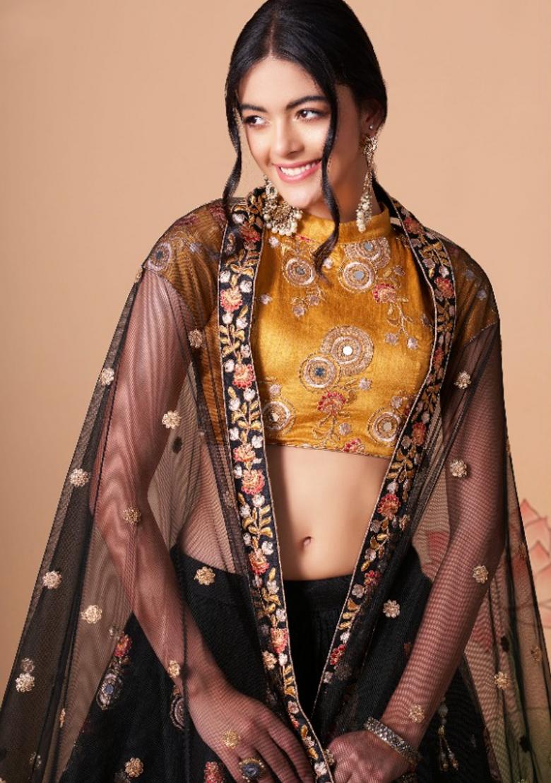 Mustard Embroidered Net Lehenga Set - Indya