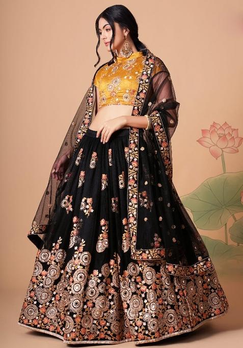 Mustard Embroidered Net Lehenga Set