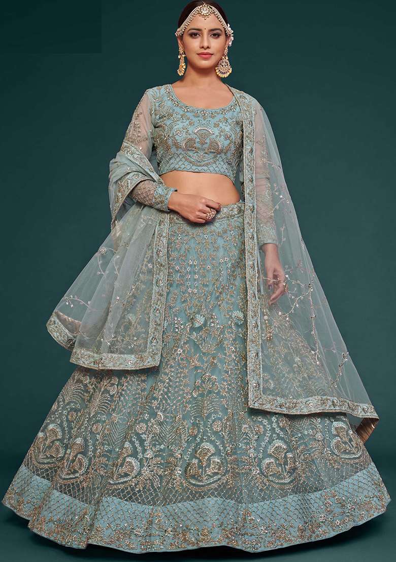 Blue Embroidered Net Lehenga Set for Diwali and Festive Wear - Indya