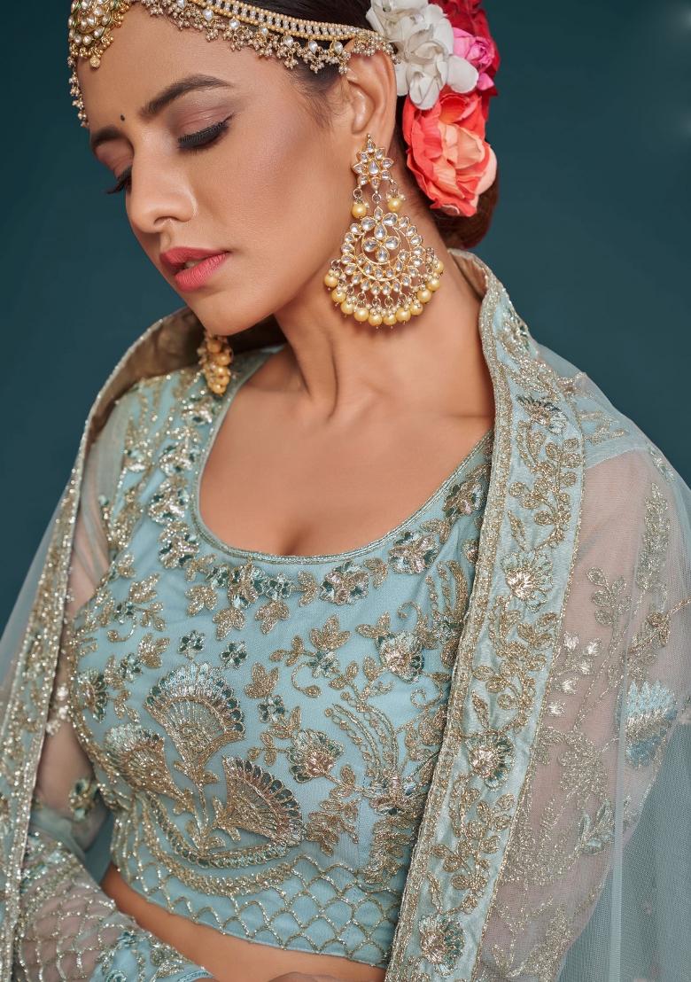 Blue Embroidered Net Lehenga Set - Indya
