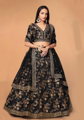 Black Embroidered Slub Silk Lehenga Set