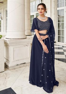Blue Embroidered Georgette Lehenga Set