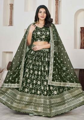 Green Embroidered Jacquard Lehenga Set