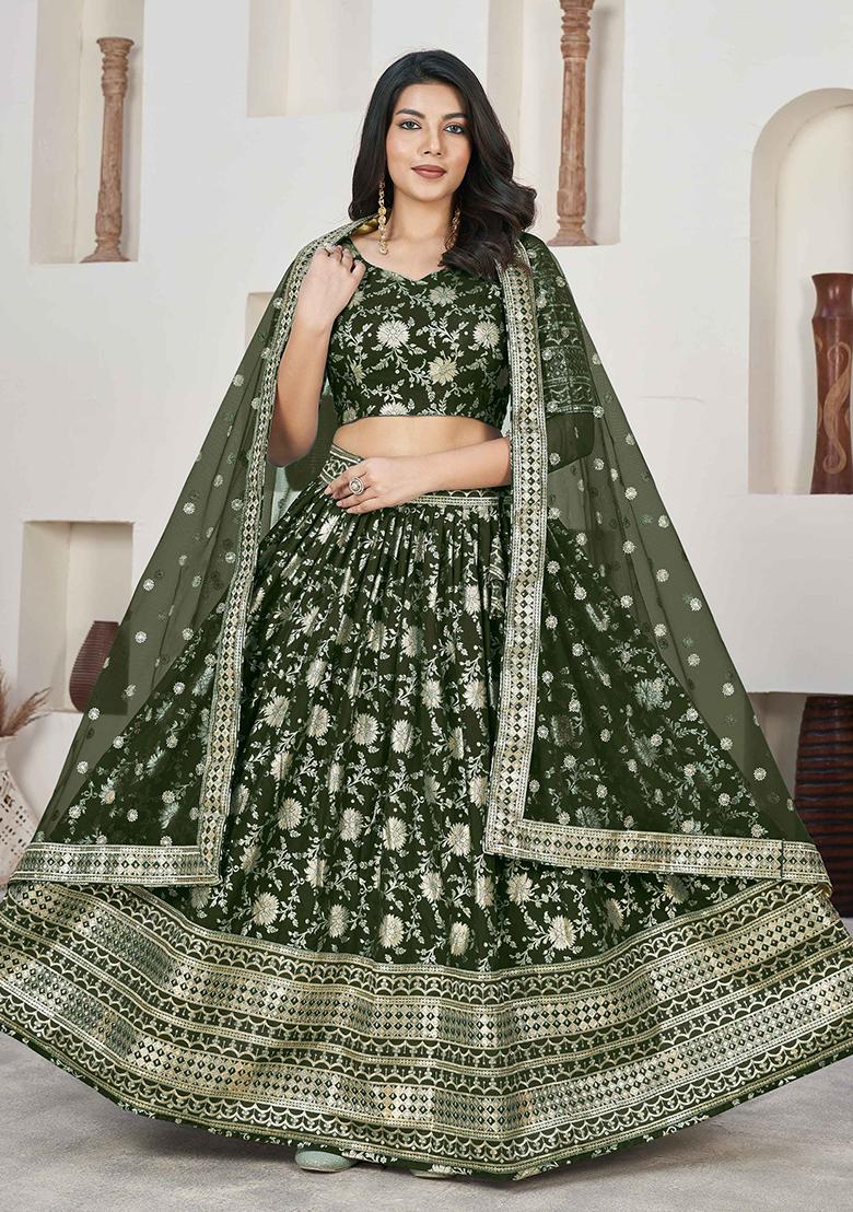 Green Embroidered Jacquard Lehenga Set