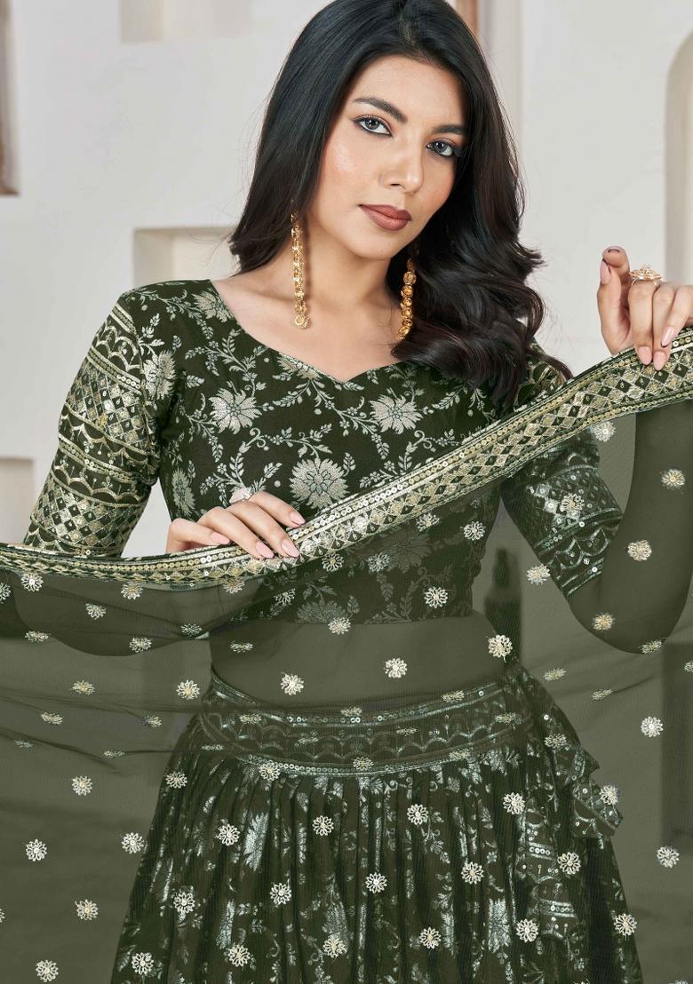 Green Embroidered Jacquard Lehenga Set - Indya