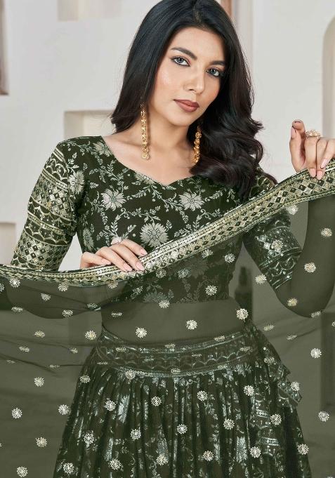 Green Embroidered Jacquard Lehenga Set