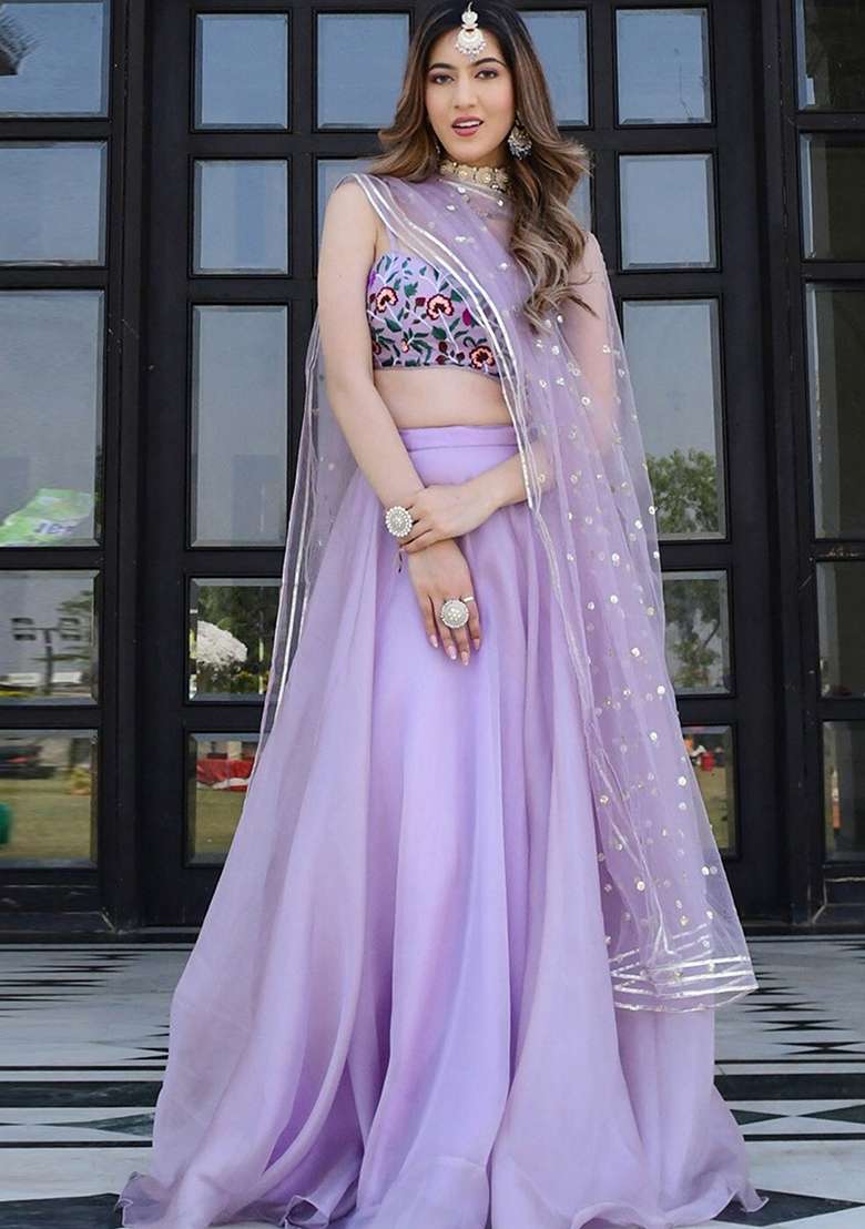 Lavender Embroidered Organza Net Lehenga Set for Diwali and Festive Wear - Indya
