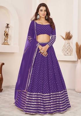 Purple Embroidered Georgette Lehenga Set