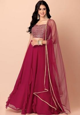 Pink Embroidered Georgette Lehenga Set